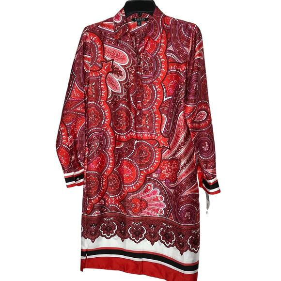 Lauren Ralph Lauren NEW Red Satin Paisley Midi Dress Size 2 Button Neckline - Picture 3 of 12